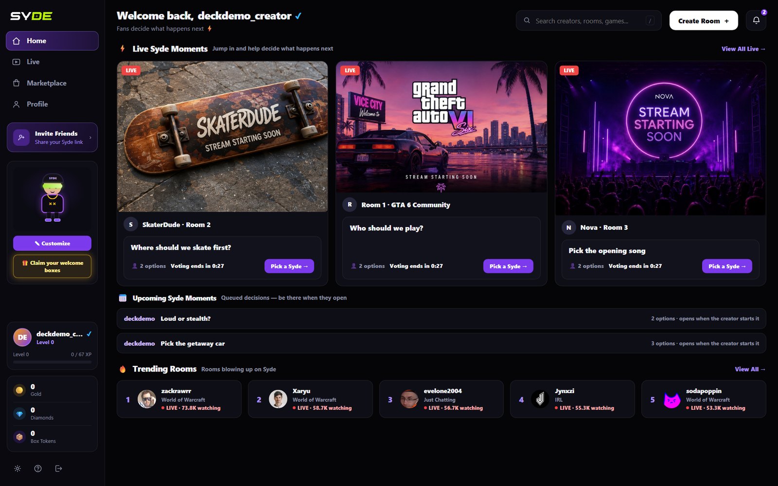 Syde discovery: live Syde Moments across creators